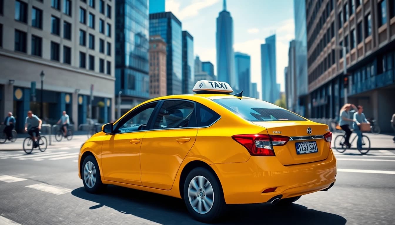 Taxi navigating through a busy urban street, showcasing vibrant city life.
