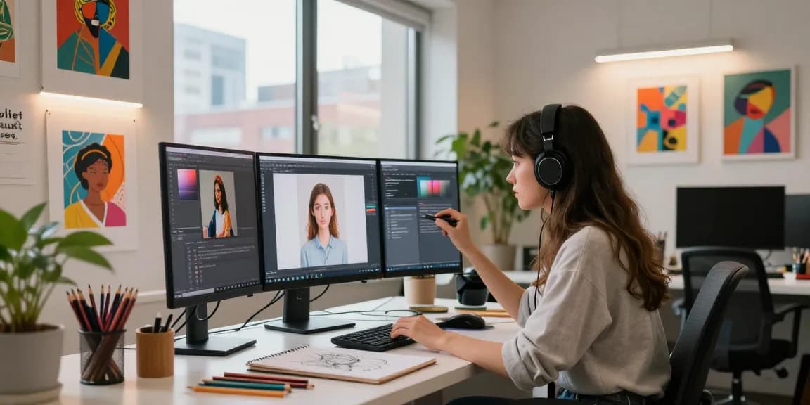 Young digital artist using an image to prompt generator in a vibrant creative workspace.
