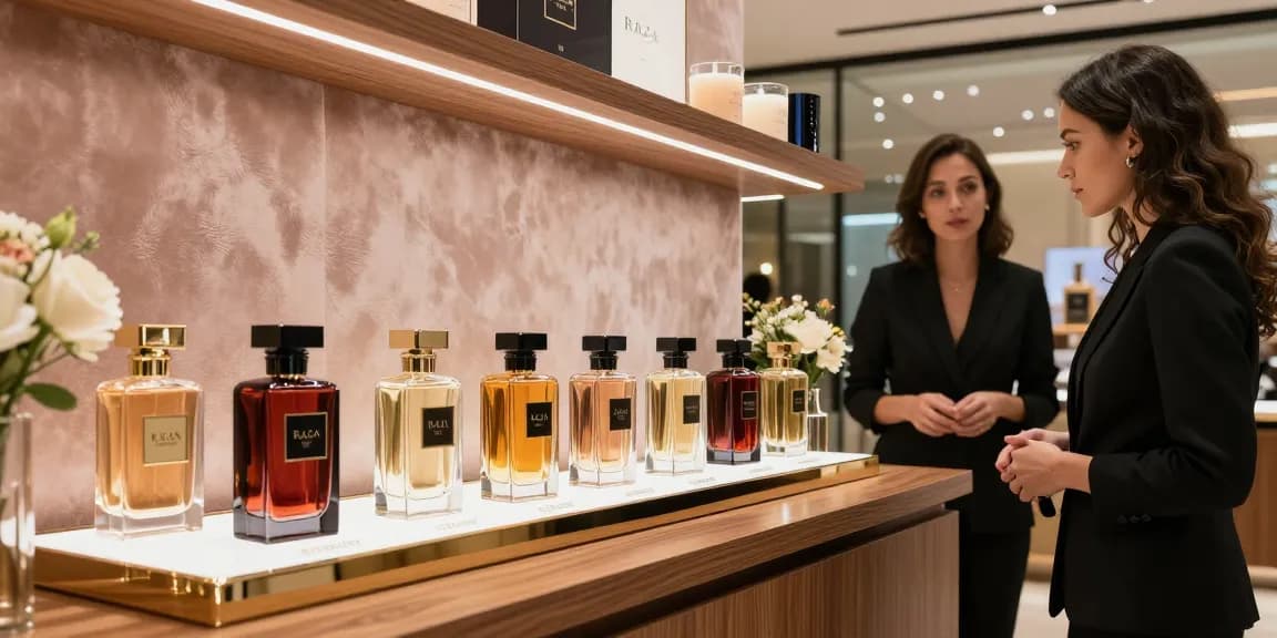 Experience Razamani Si in an elegant perfume boutique with stylish displays.