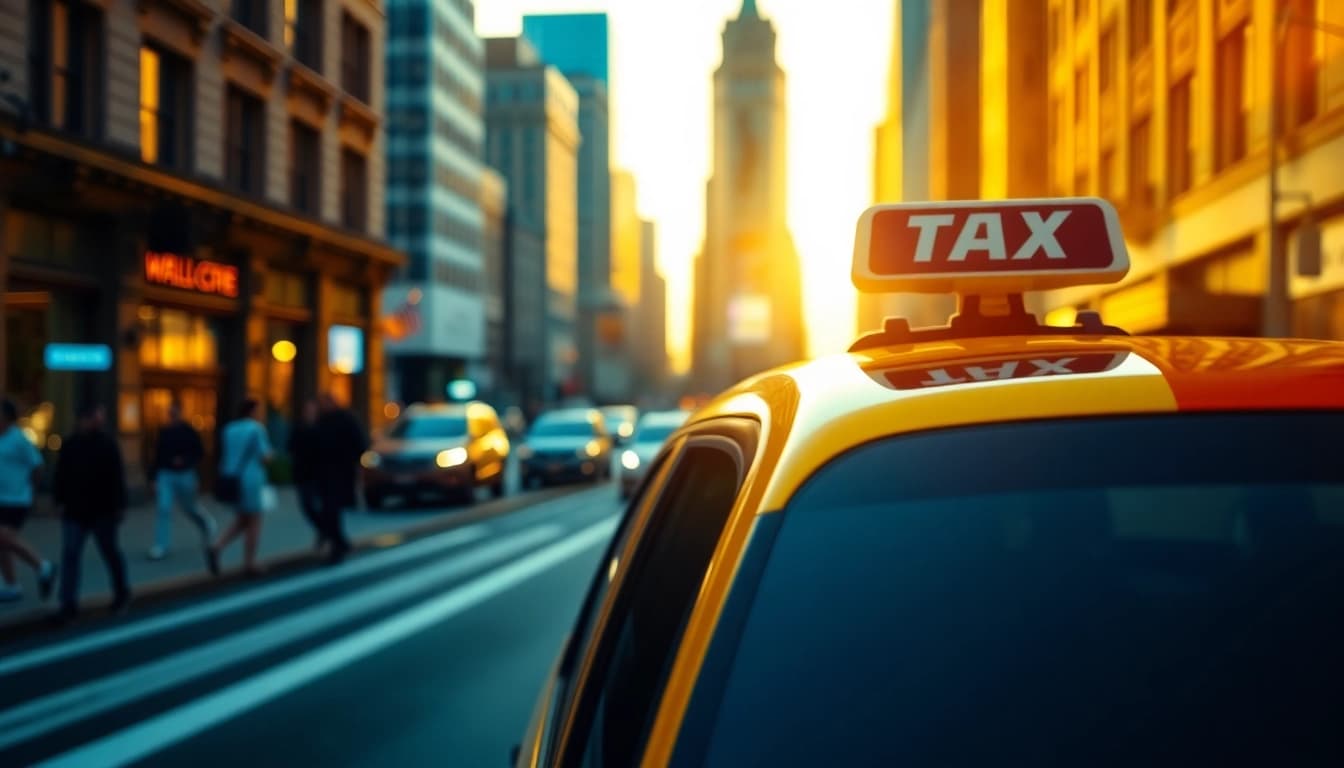 Taxi parked on a bustling city street, showcasing urban energy and convenience.