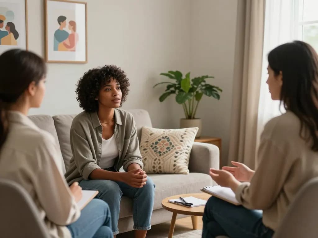 Couple discussing sex AI with therapist in a supportive therapy session
