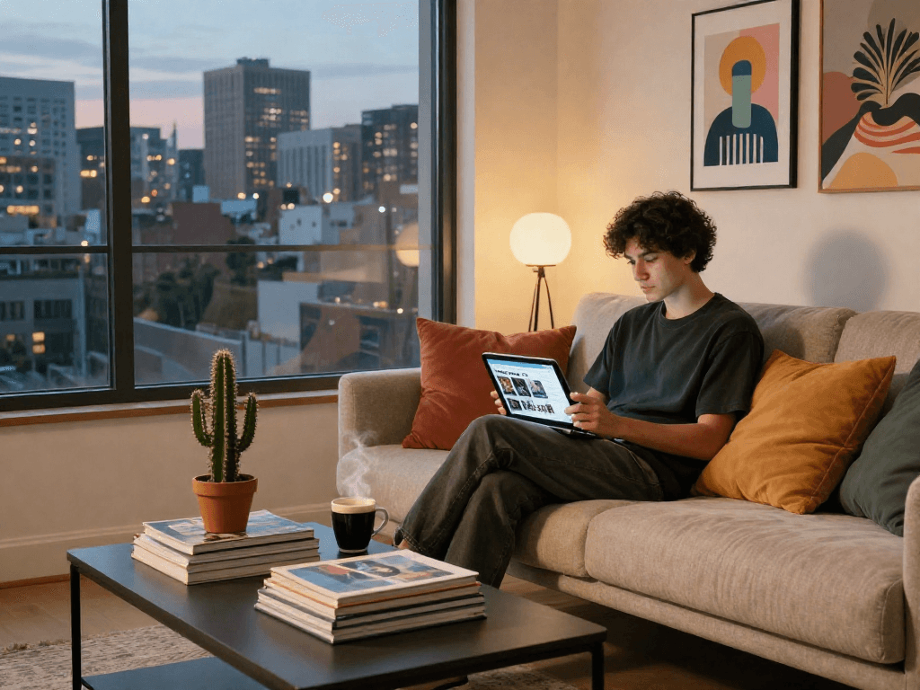 Young adult enjoying NSFW content on tablet in stylish urban loft.