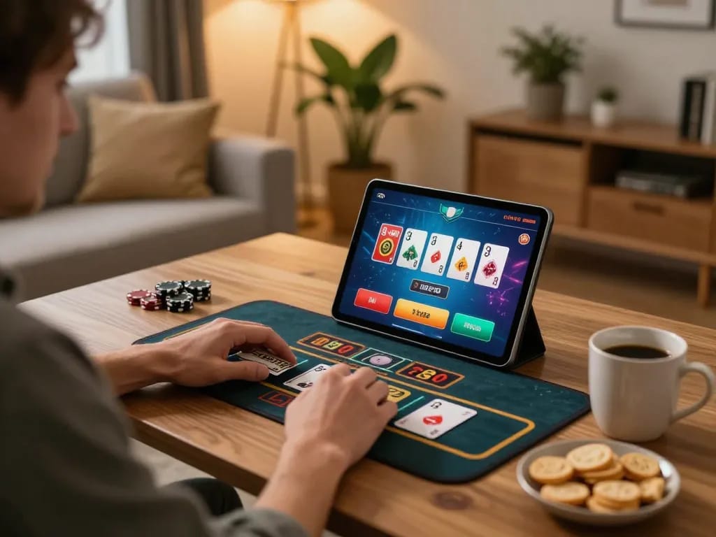 Player enjoying bk8 live dealer game on tablet in cozy home setting