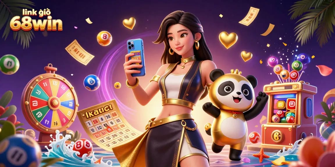 Experience winning excitement with link vào 68win as a woman plays casino games with a panda mascot.