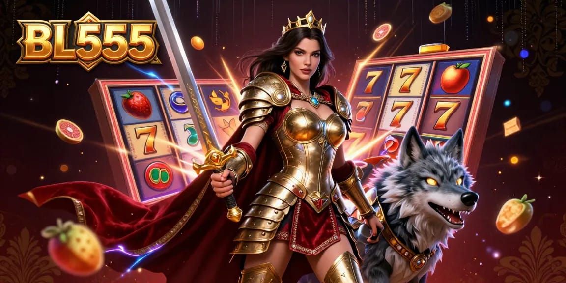 Experience gaming thrills with BL555's vibrant 3D illustration of slots and action-packed elements.