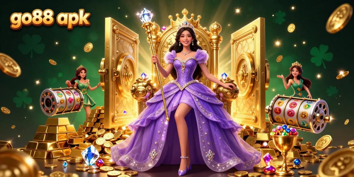 Engage with go88 apk's thrilling gaming experience featuring a royal scene filled with treasures.