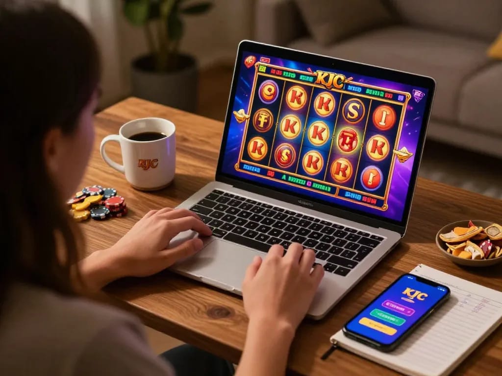 Player enjoying KJC themed slot game at home with engaging graphics and cozy setup
