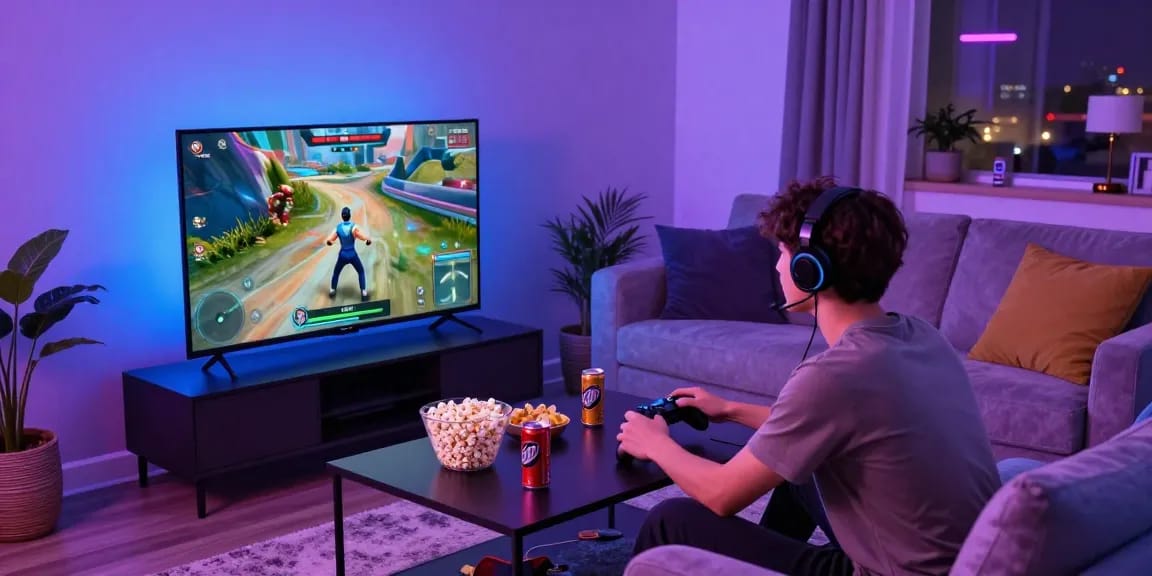 Friends enjoying rokok88 gaming together with snacks in a vibrant room.