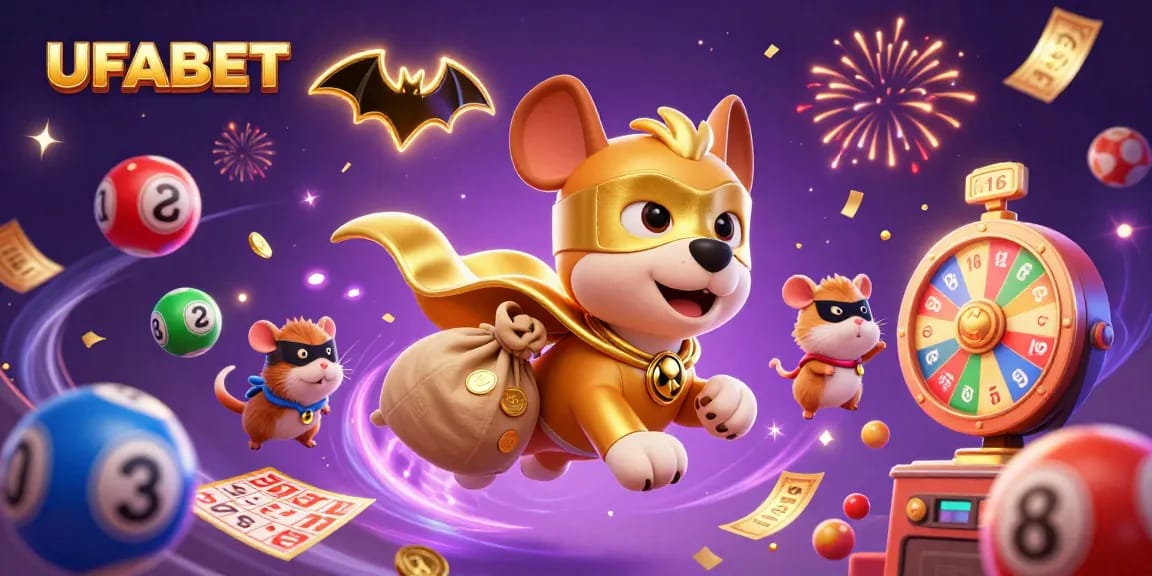 Experience the thrill of UFABET with a superhero dog and hamster amidst dynamic casino elements.