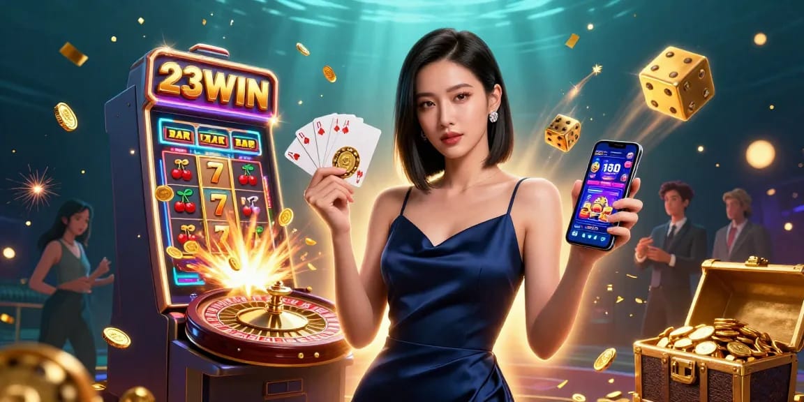 Experience the thrill of winning with 23WIN's vibrant casino illustration showcasing dynamic gaming elements and elegant design.