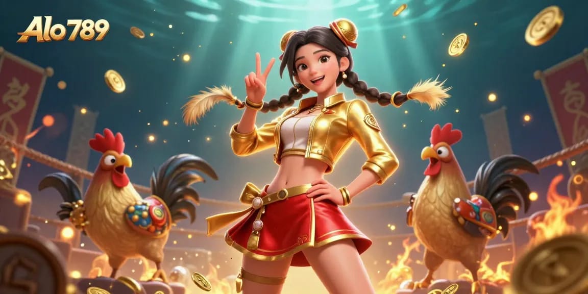 Alo 789 lively scene showcasing cockfighting action, betting tokens, and vibrant characters.