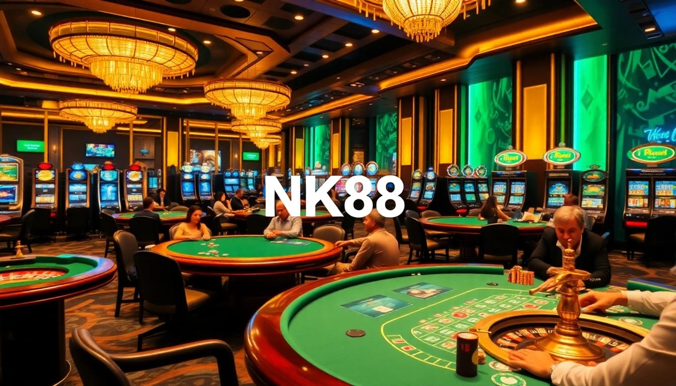 Playing thrilling casino games at NK88 with vibrant tables and poker chips.