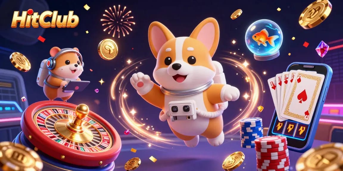HitClub's immersive gambling scene showcases a space-themed casino with a floating astronaut corgi and engaging gameplay elements.