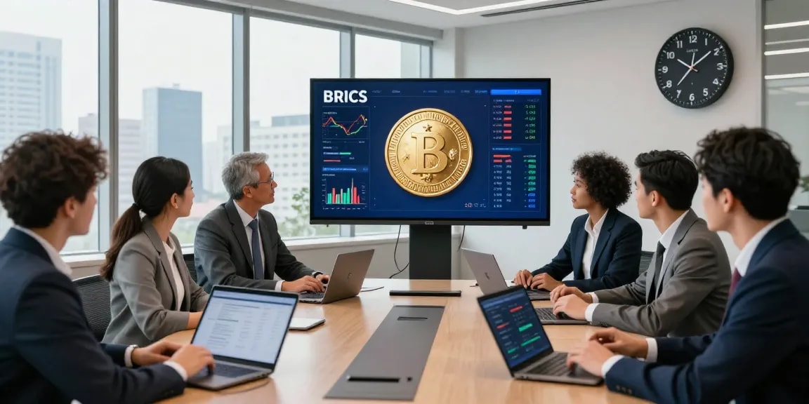 Invest in BRICS coins with a diverse team of investors strategizing in a modern conference room.