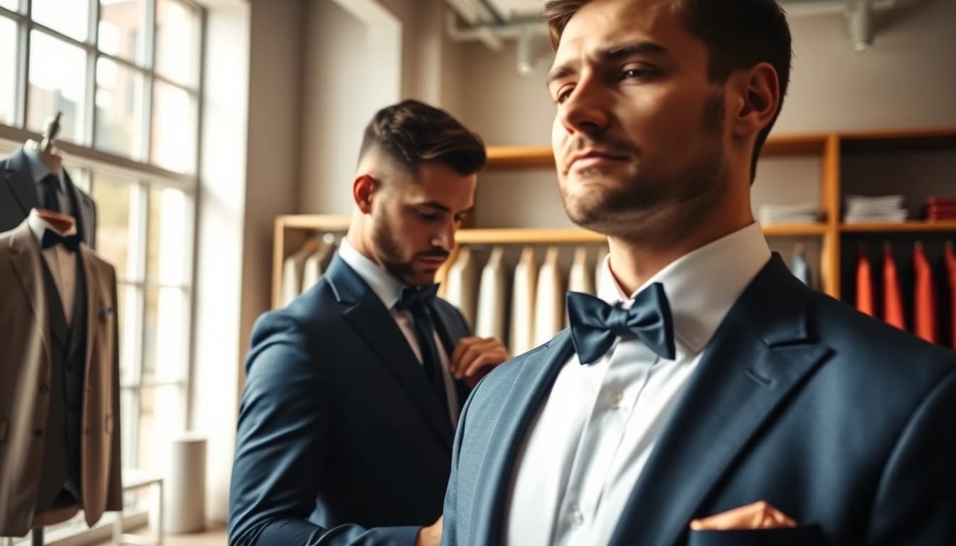 Tailor adjusting designer menswear for a groom in a sophisticated boutique.