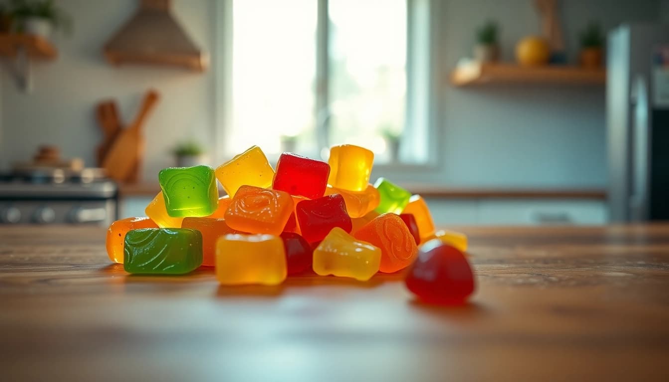Buy legal THC gummies UK arranged beautifully on a table, showcasing vibrant colors and shapes.