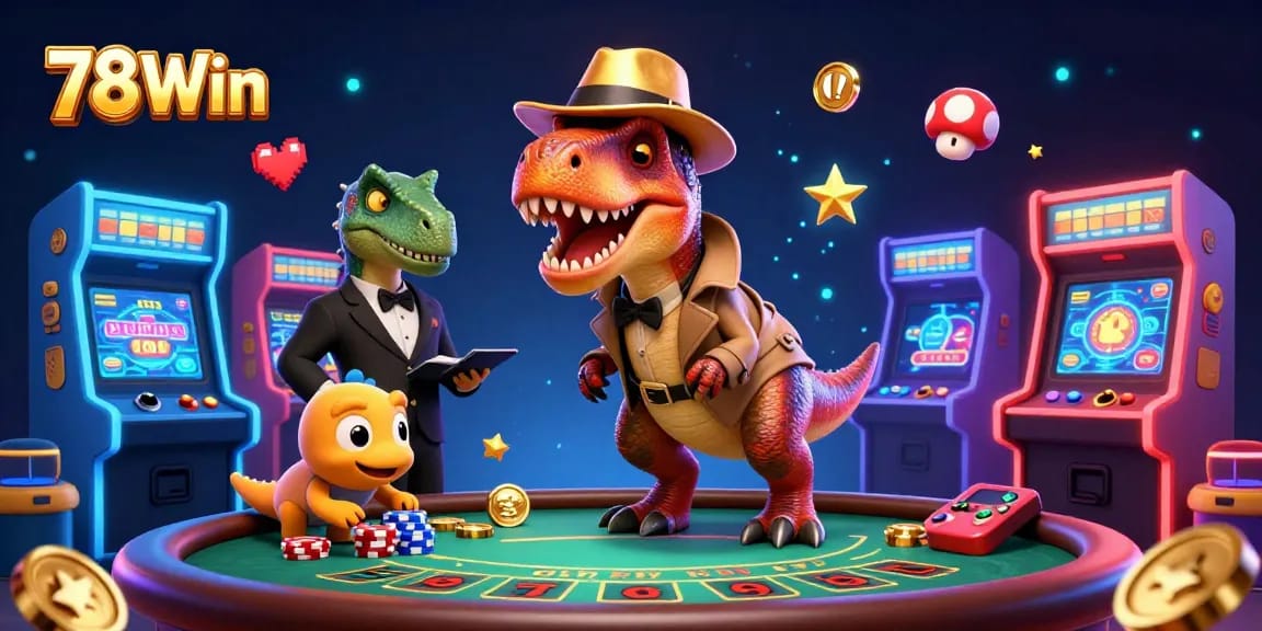 78Win gaming excitement depicted with playful dinosaurs at a blackjack table, showcasing thrilling casino action.