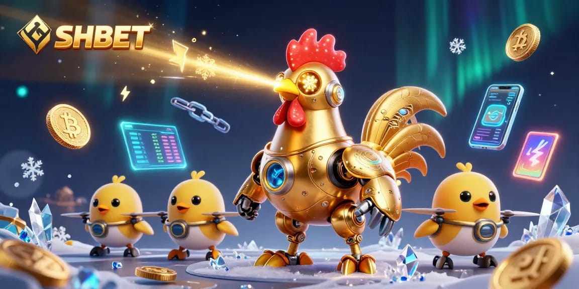 Bet on SHBET with the golden rooster robot shooting lasers and crypto elements in a vibrant casino scene.