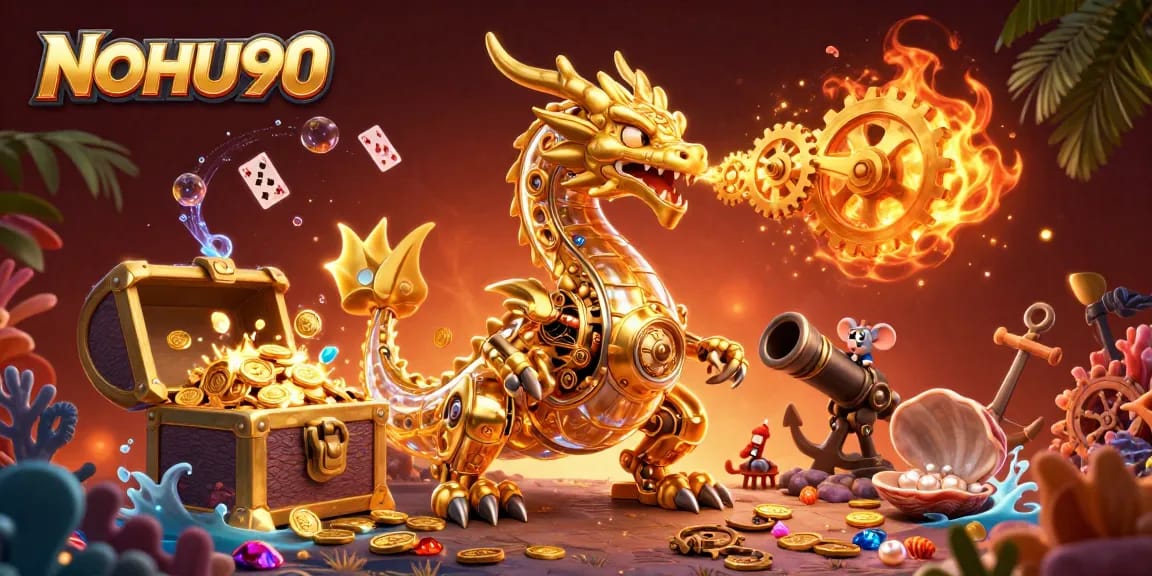 Experience the excitement of NOHU90 with a dragon and mouse maintaining a treasure-filled underwater scene.