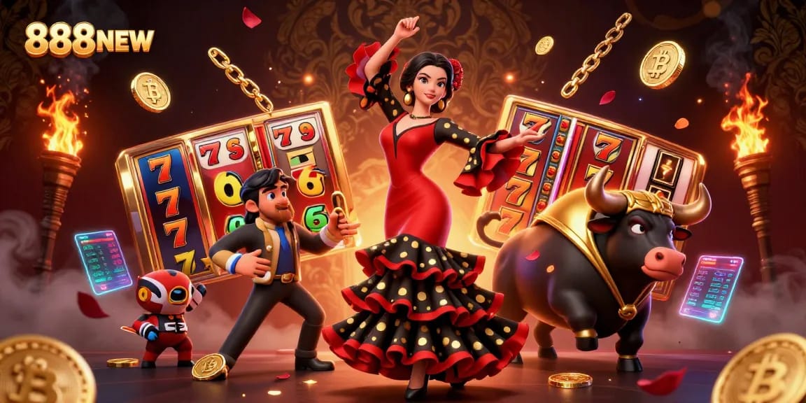 Experience big wins at 888NEW with a vibrant casino scene featuring engaging slot games and stunning characters.
