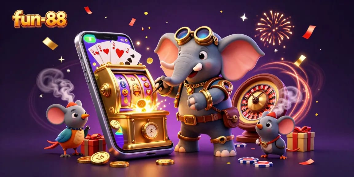 Experience the thrill of fun-88 slots with a vibrant steampunk elephant operating a golden machine amid a celebration of colors.