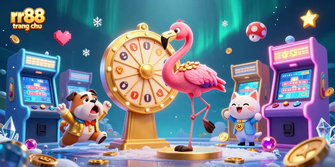 Engage in excitement at rr88 trang chủ with a lively game show scene featuring colorful arcade elements.