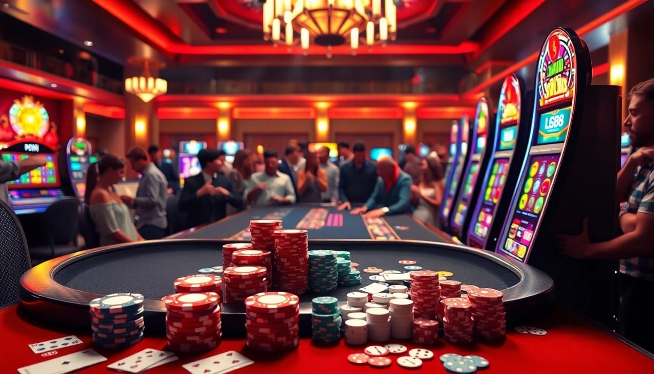 Engaging online gaming action at LC88 with vibrant casino elements like poker chips and slot machines.