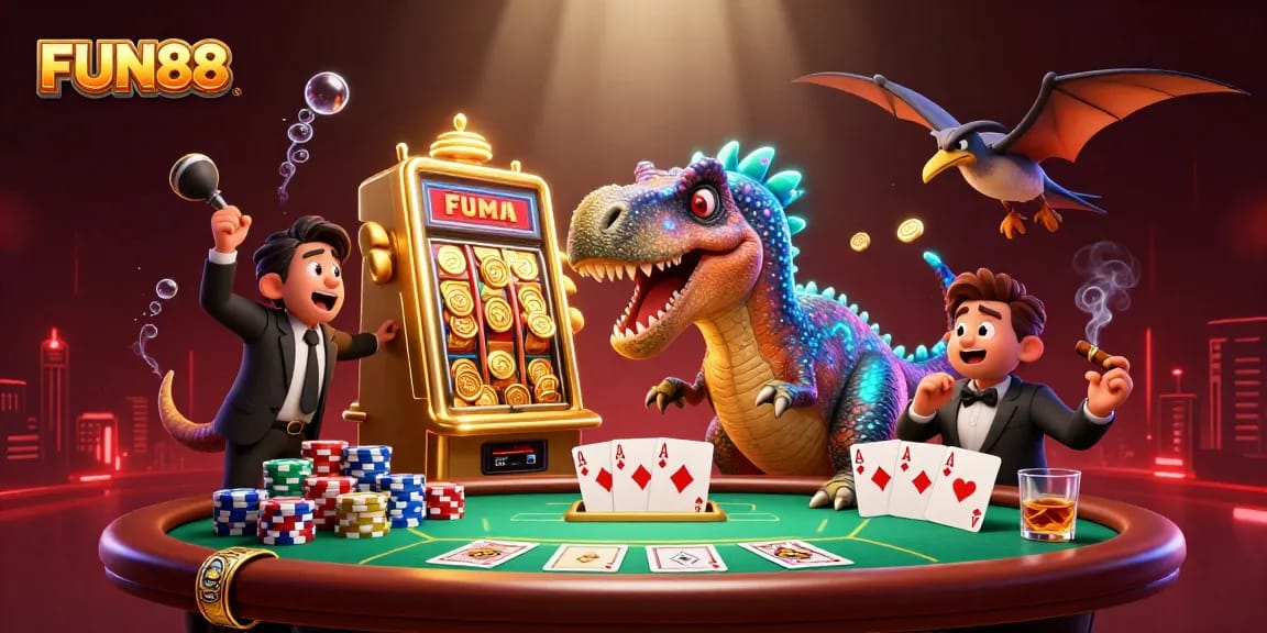 FUN88 showcases an exciting casino scene with a pachycephalosaurus winning jackpot coins and vibrant gaming details.