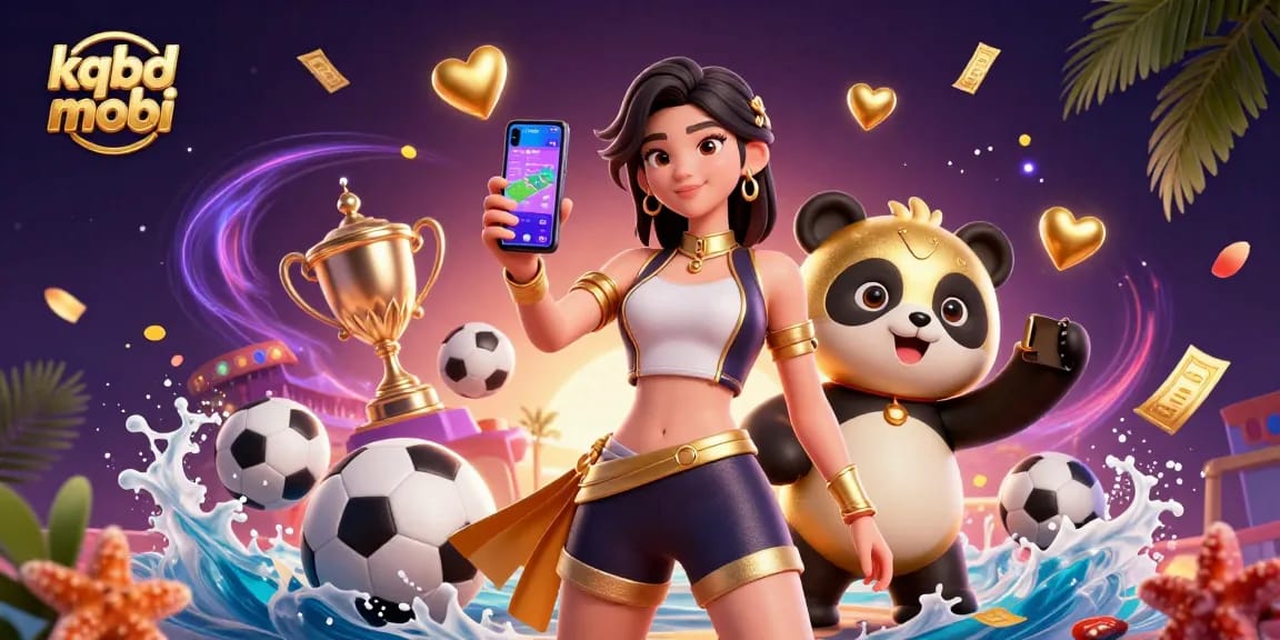 Bet on sports with kqbd mobi in an ultra-detailed 3D illustration of a woman holding a smartphone.