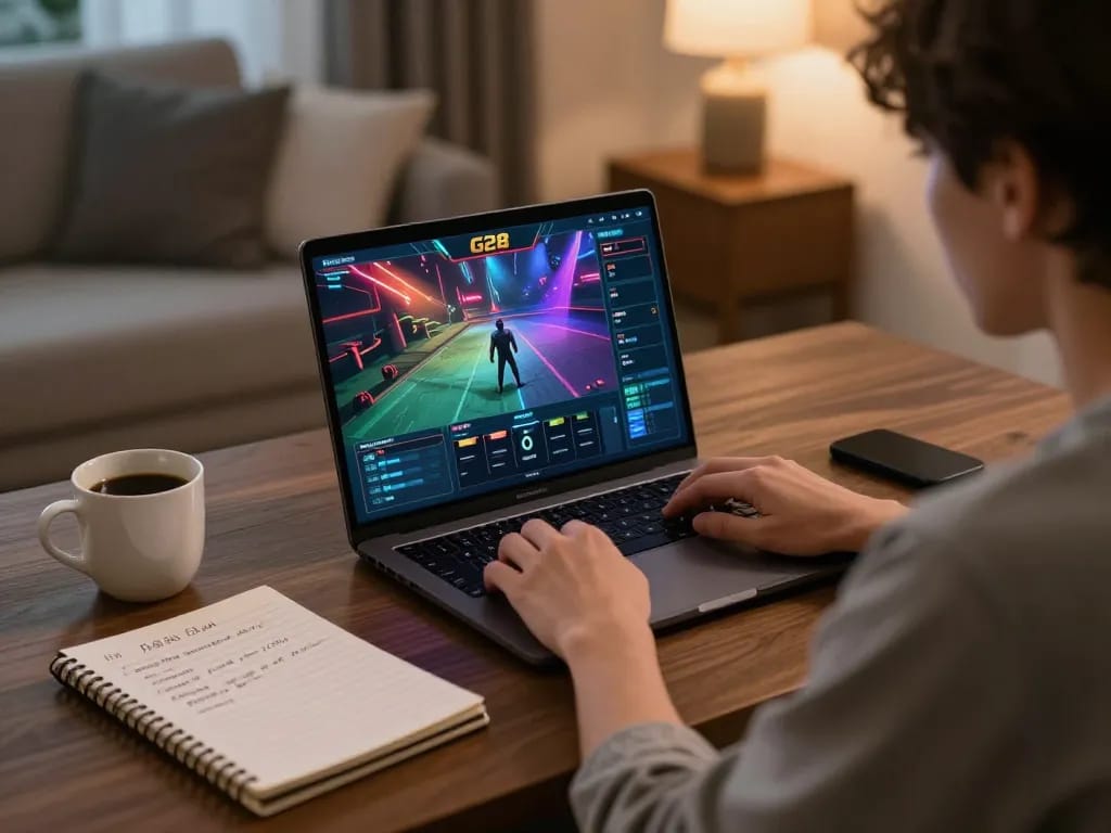 Player engaging in G28 online gaming with clear graphics in a cozy home setting