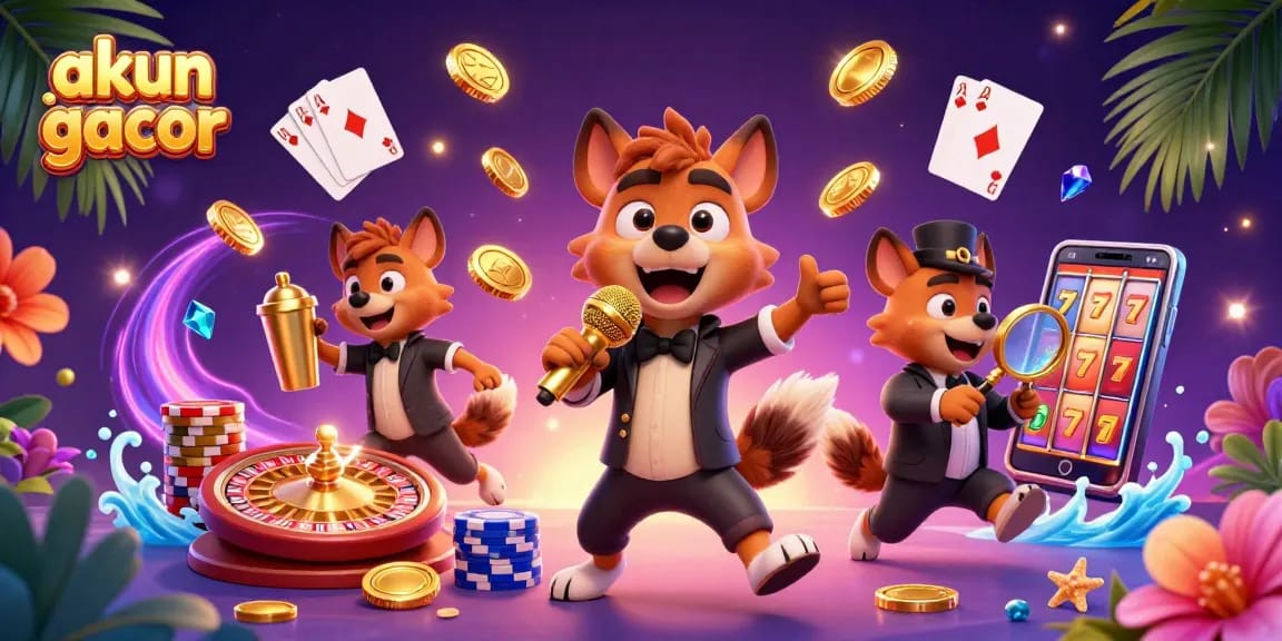 Engage with akun slot gacor in this vibrant 3D casino scene featuring hyenas and dynamic game elements.