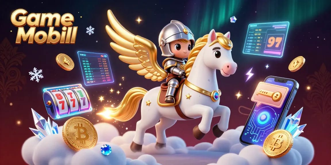Experience the thrill of Game Mobile with a celestial scene filled with 3D coins and vivid gaming elements.