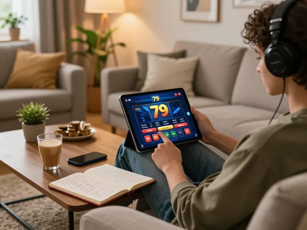 Engaging scene of a player using the fun79 casino app on a tablet at home, promoting strategic online gambling.