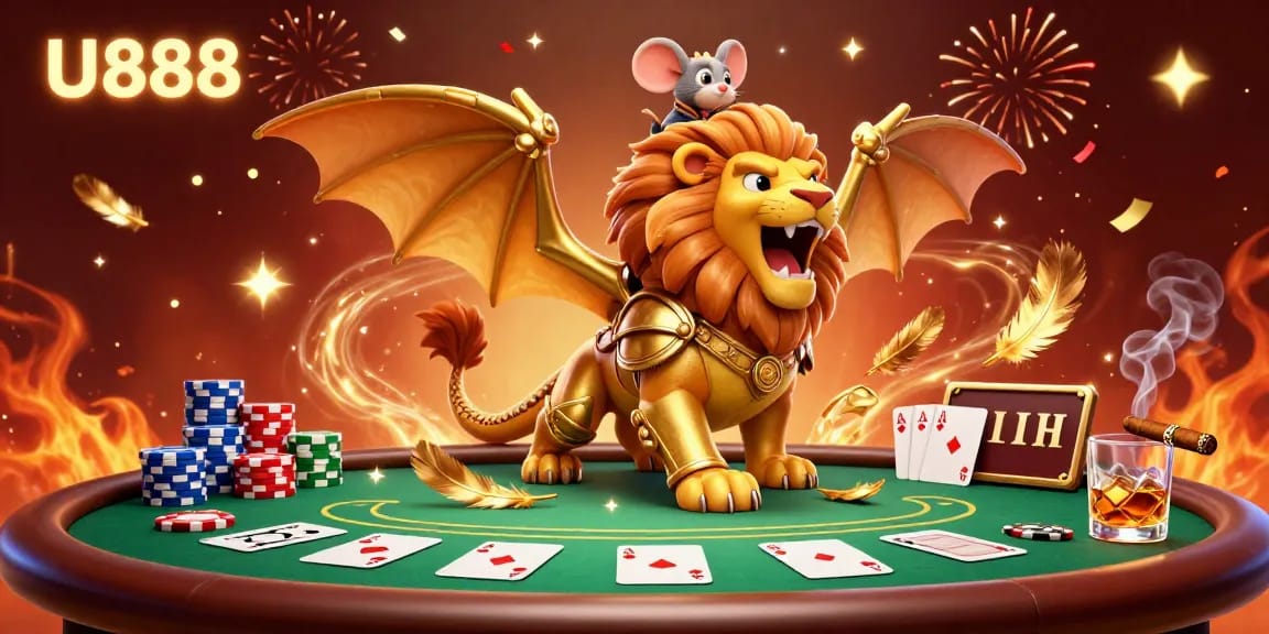 Experience the excitement of U888 with a triumphant chimera and poker scene filled with action and color.