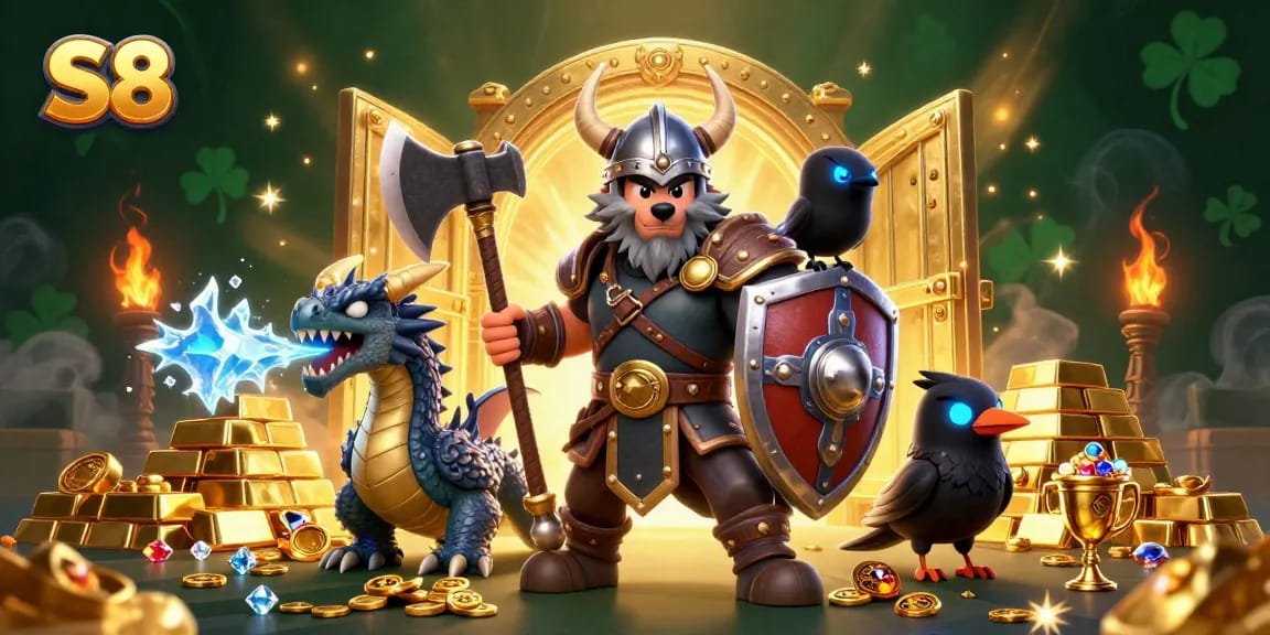 Experience thrilling gameplay at S8 with vibrant 3D gaming characters amidst dazzling treasures.