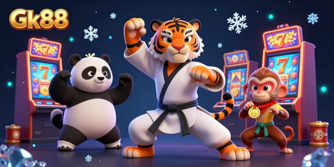 Experience Gk88's vibrant slot games and joyful characters in a dynamic casino scene.