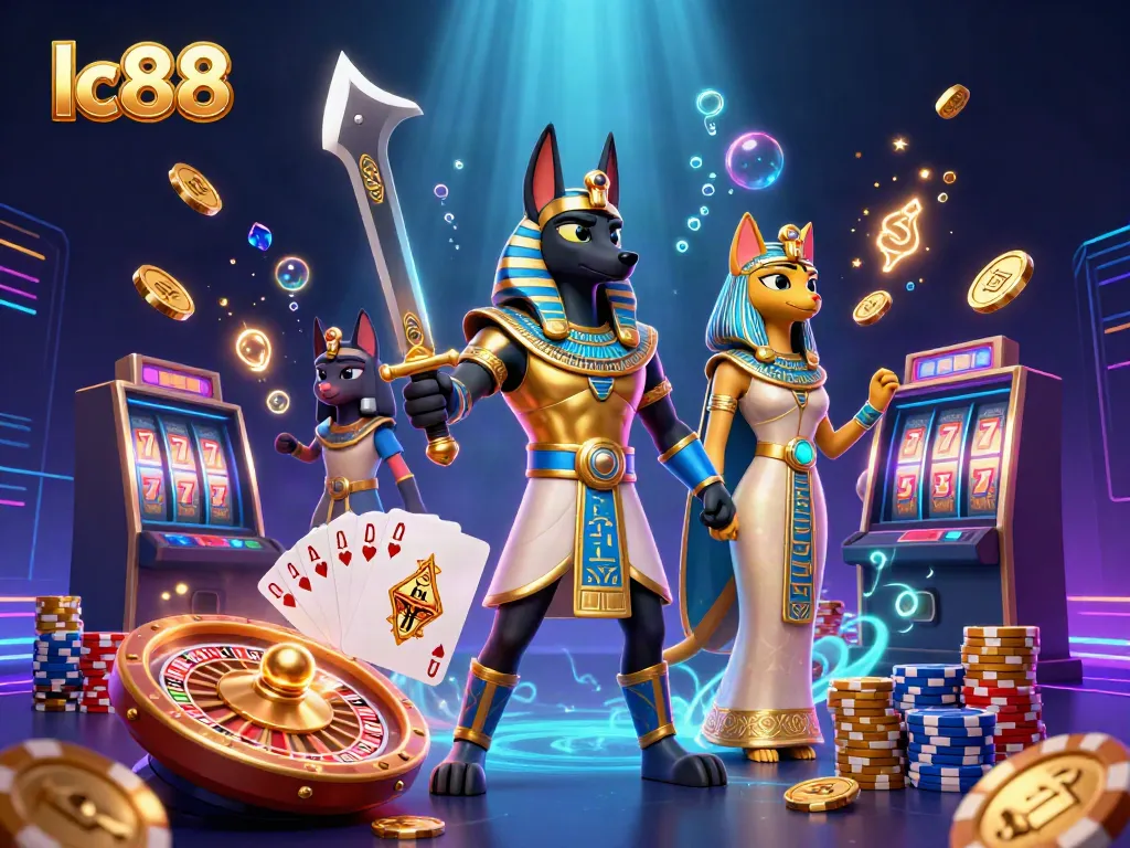 Experience the excitement of gambling with lc88, featuring ancient Egyptian characters and casino elements.