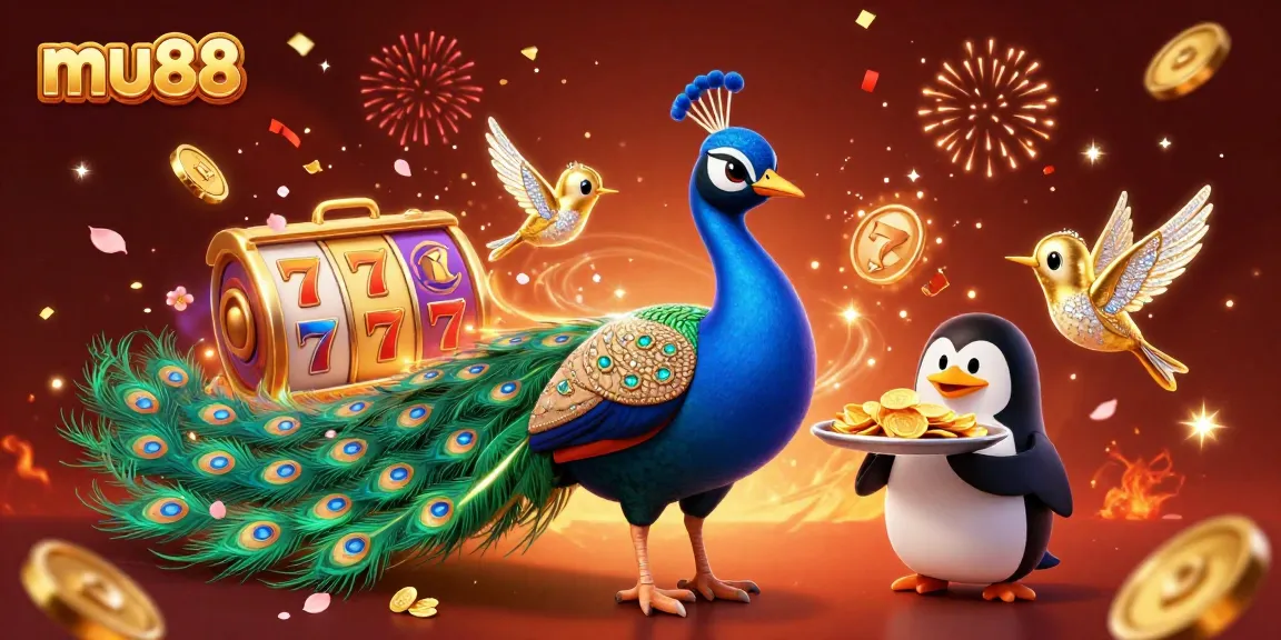 Engaging scene with mu88 peacock and penguin gaming alongside vibrant slot reels and festive elements.