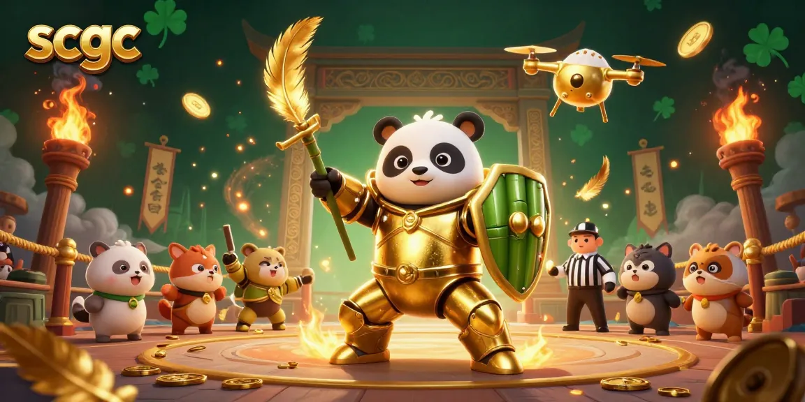 Join the scgc excitement as the panda piloting a bamboo robot showcases thrilling gaming action amidst a vibrant casino arena.