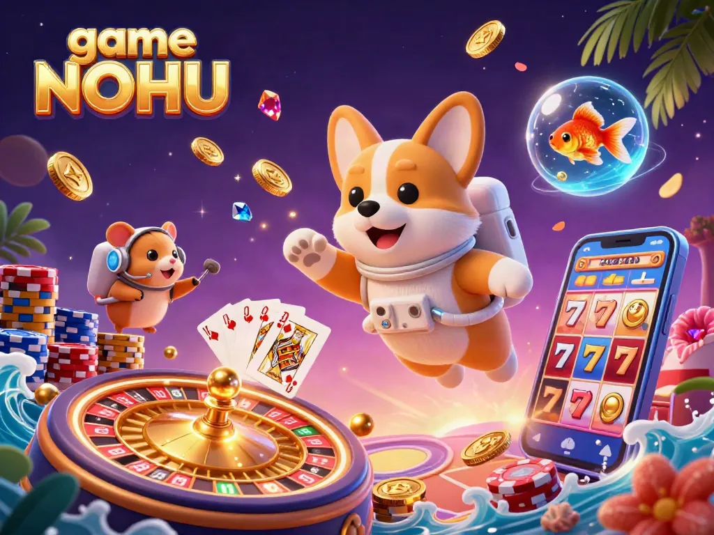 Experience the thrill of game NOHU with a whimsical corgi in a floating casino surrounded by dynamic gaming elements.