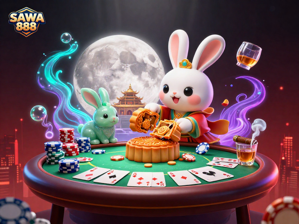 Engage in the excitement of SAWA 888, where a moon rabbit reveals poker chips, creating a vibrant casino atmosphere.