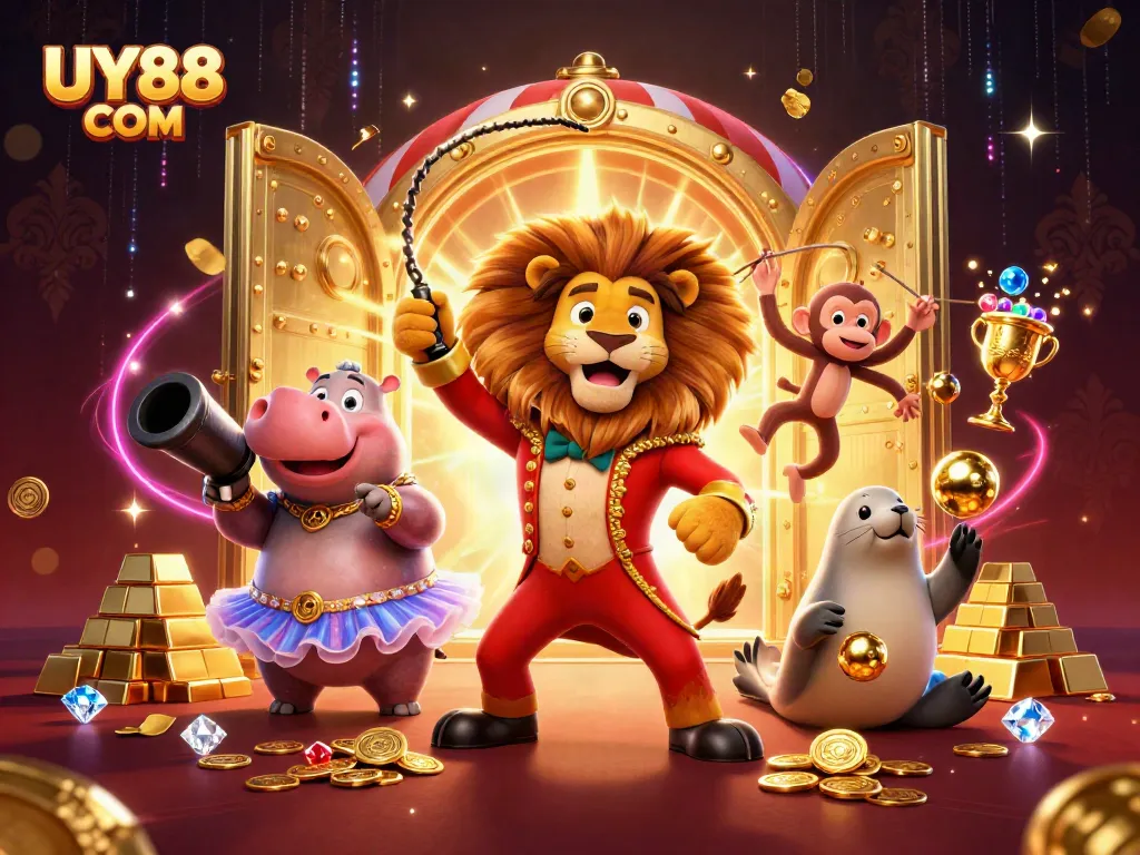 Experience excitement with UY88 COM as a vibrant circus gambling scene featuring lively characters and treasures.