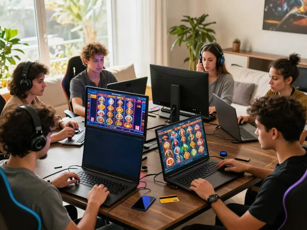 Players enjoying credit card online casinos in a vibrant home setting with gaming setups.