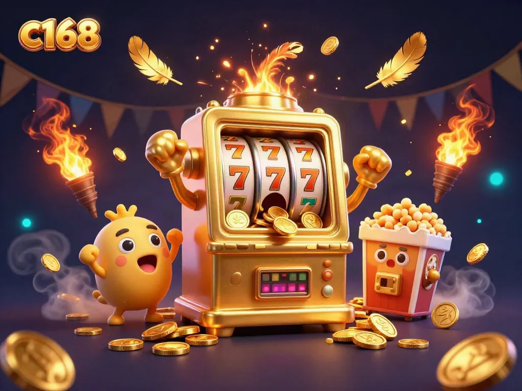 Experience excitement with c168 as a golden slot machine hits the jackpot, surrounded by cheering companions.