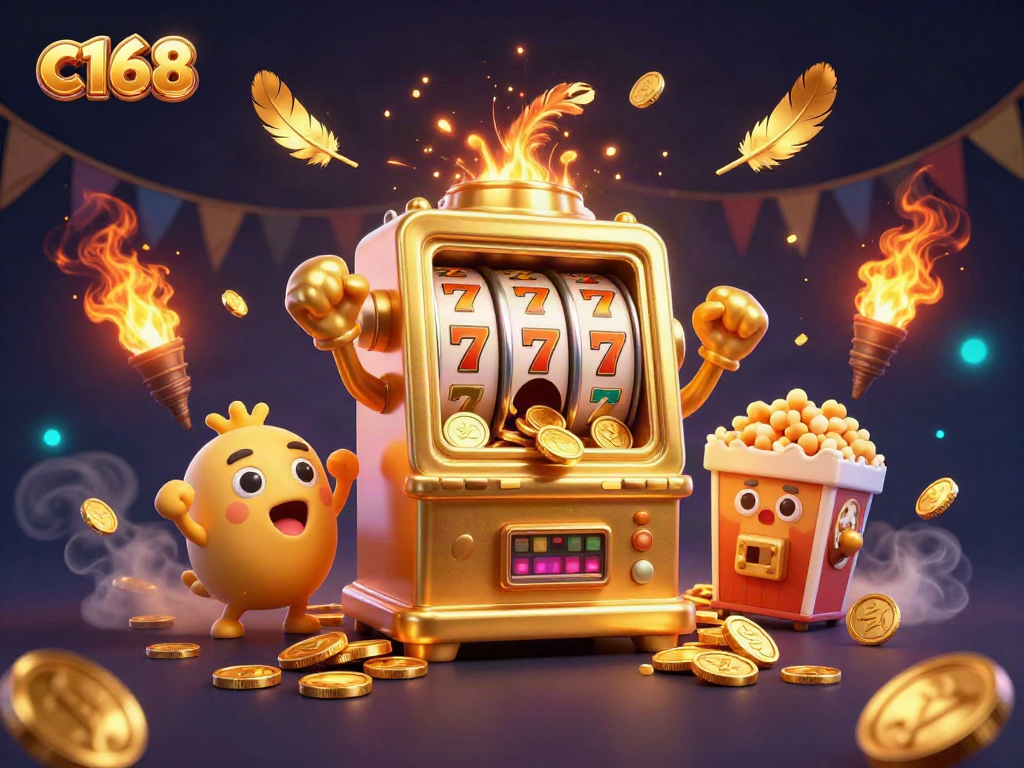 Experience excitement with c168 as a golden slot machine hits the jackpot, surrounded by cheering companions.