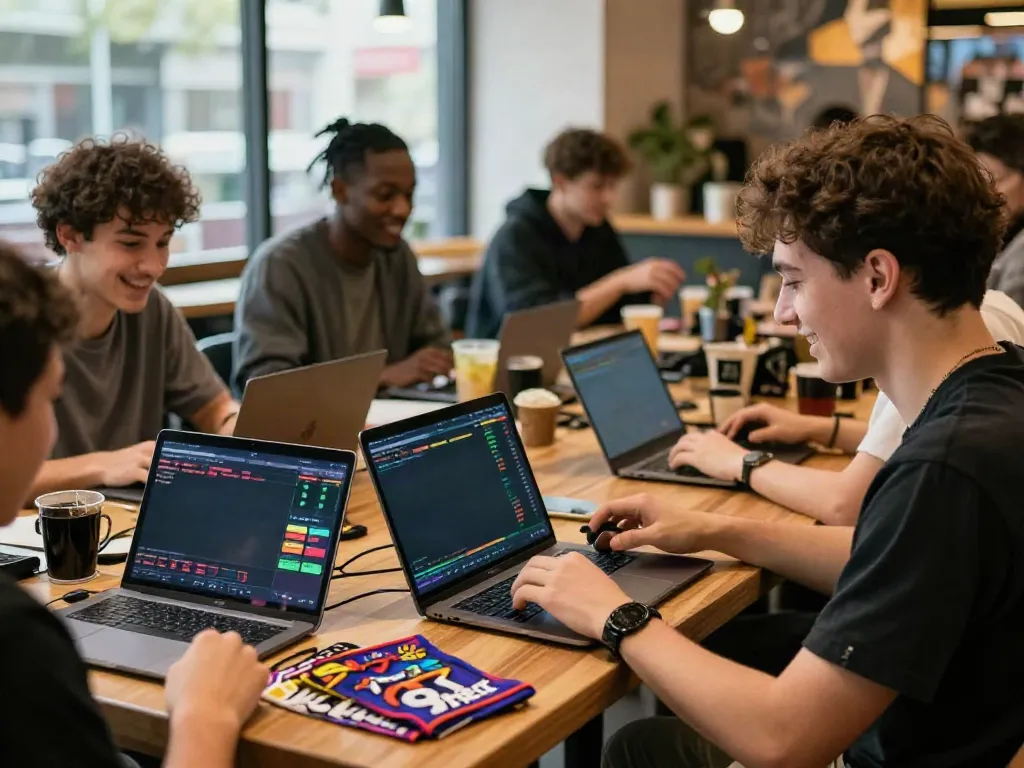 Engaged group enjoying online betting at cafe, featuring 9bet on laptops and smartphones for exciting betting experience.