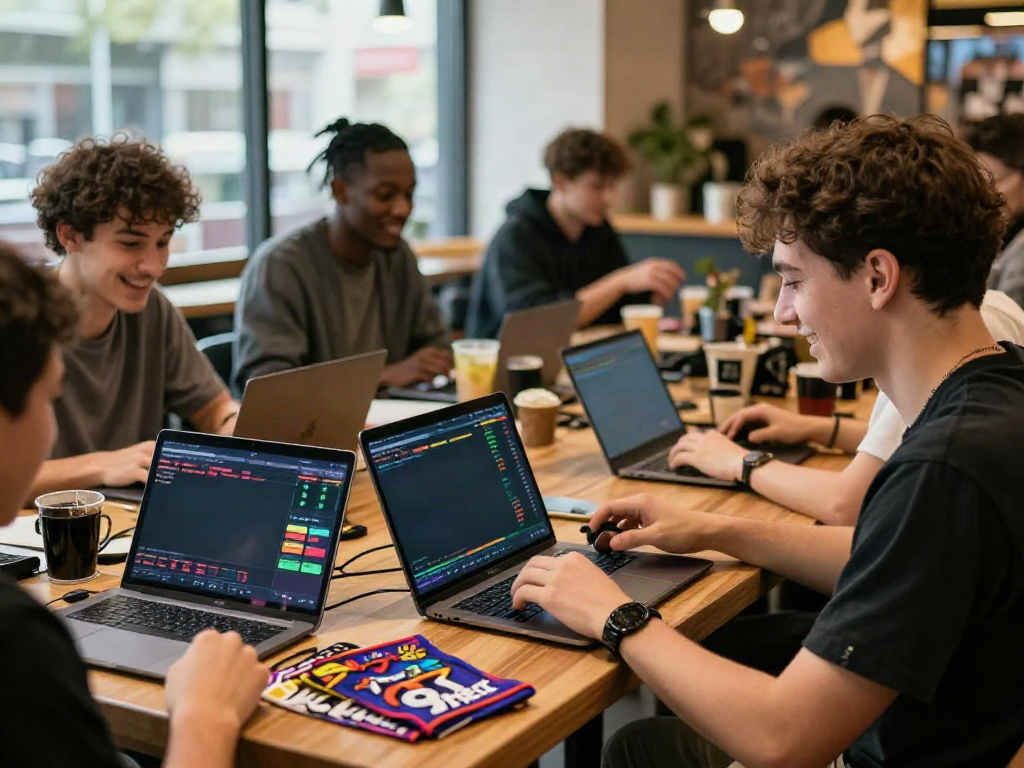Engaged group enjoying online betting at cafe, featuring 9bet on laptops and smartphones for exciting betting experience.