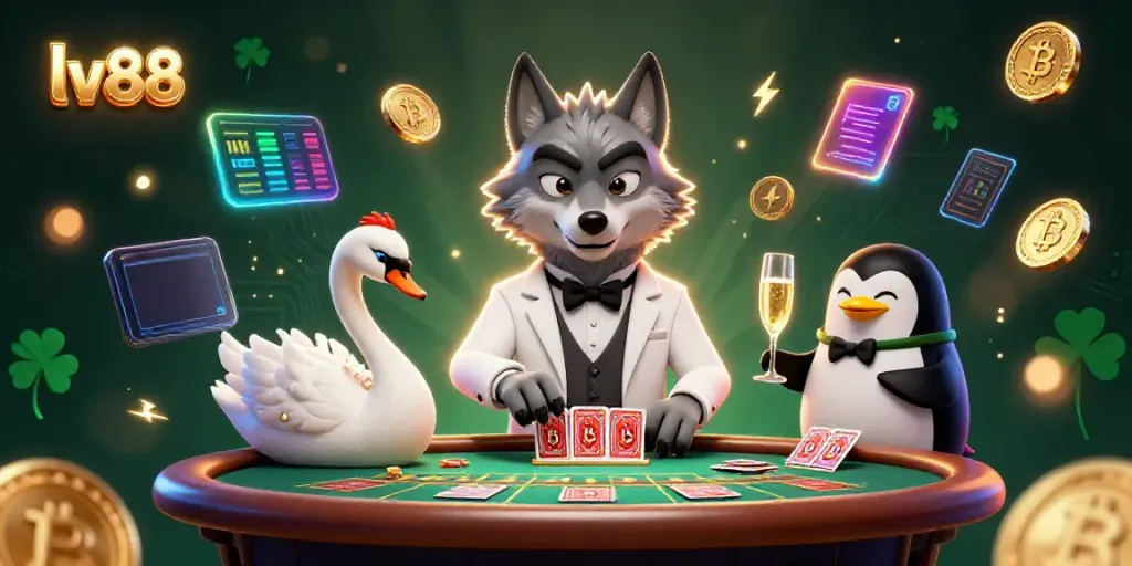 Engage with the lv88 online casino featuring a debonair wolf and elegant swan at a baccarat table.