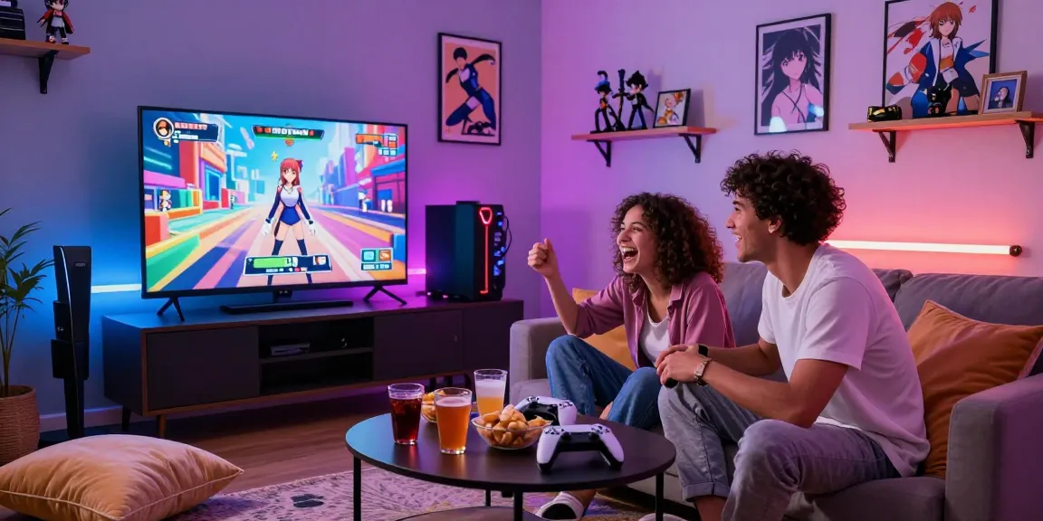 Couple enjoying a hentai game in a cozy living room filled with anime decor and snacks.