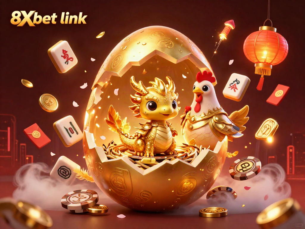 Experience the excitement of gaming with the 8Xbet link, featuring a golden dragon and casino elements.